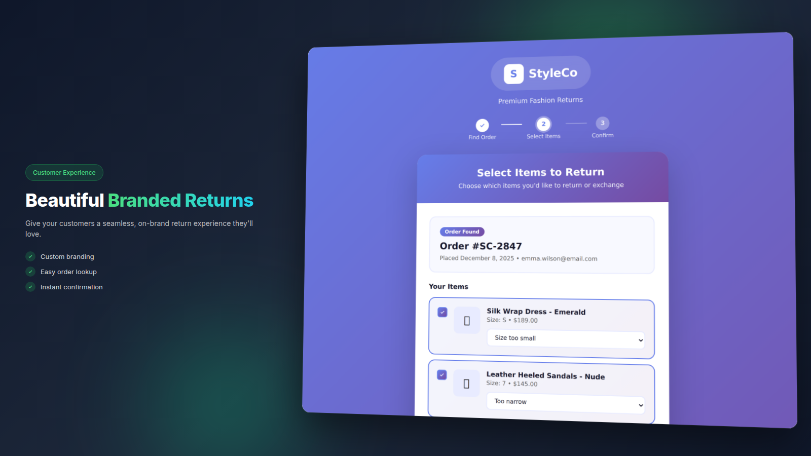 Branded customer return portal with order lookup and item selection